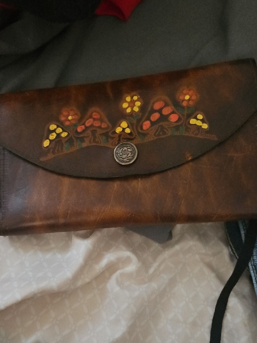 Vintage Handpainted Brown Leather Clutch with Floral Mushroom Design